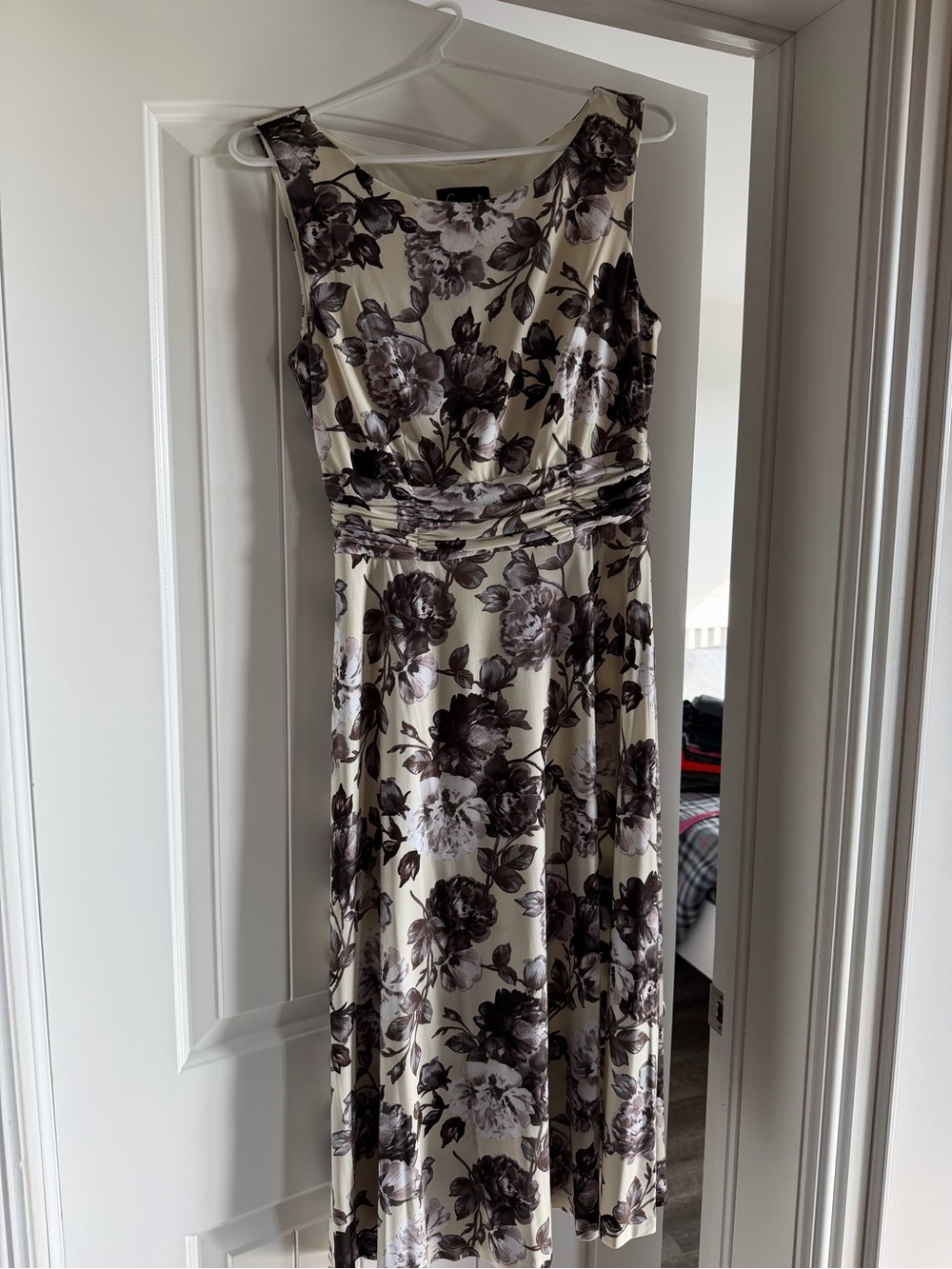 Sleeveless Cream Midi Dress with Brown Floral Print